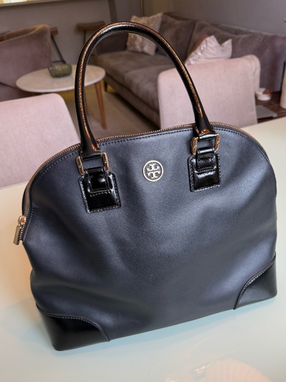 Tory Burch Dome Satchel Black. Patent trim.